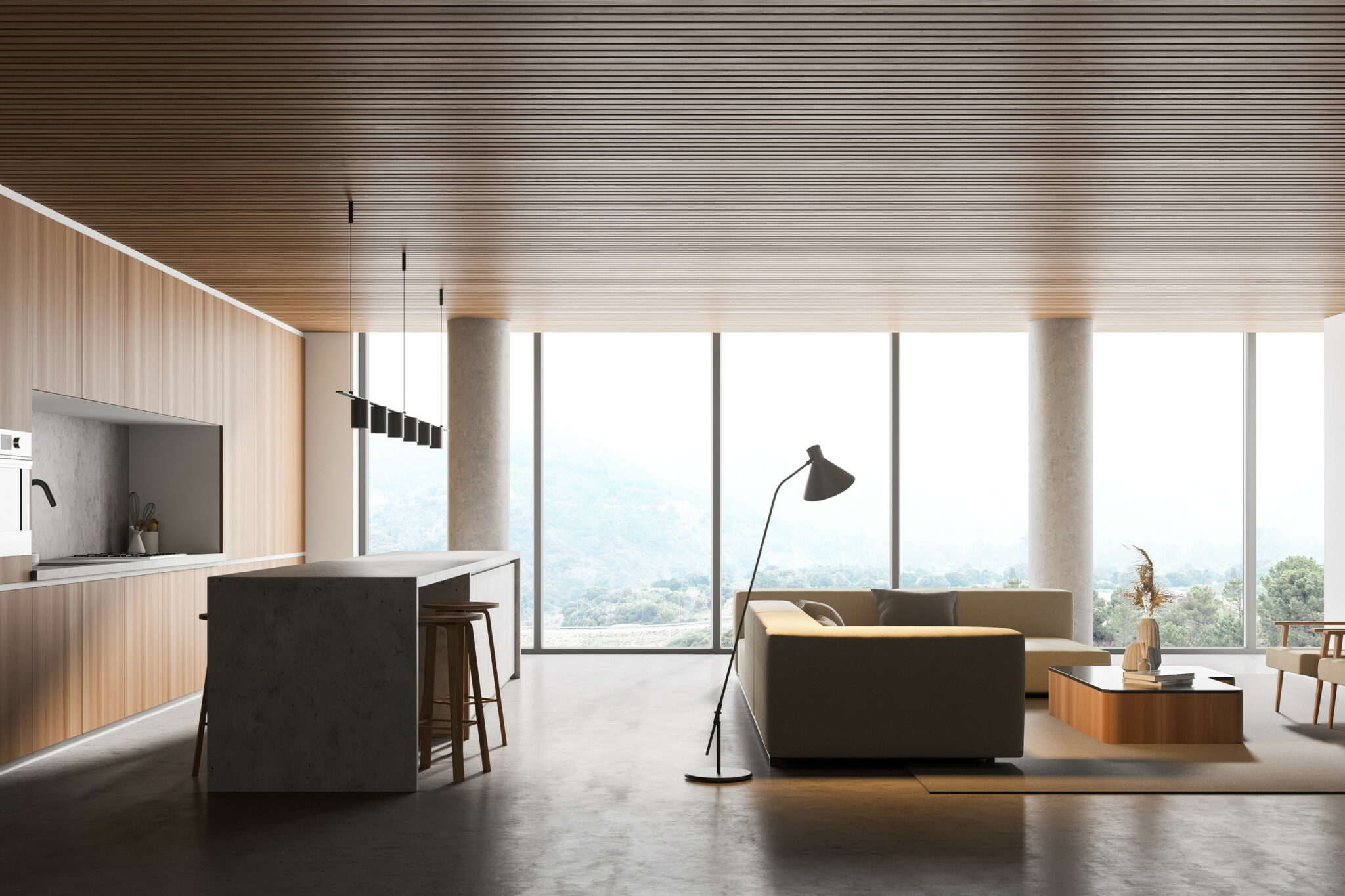 Interior of modern kitchen with wooden ceiling, furniture, table and chairs, big couch in the middle of living space, panoramic window. Dining room. Home architecture concept. 3d rendering